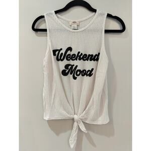 Revive Juniors L White Waffle Knit Tank Top “Weekend Mood” Front Tie Tee